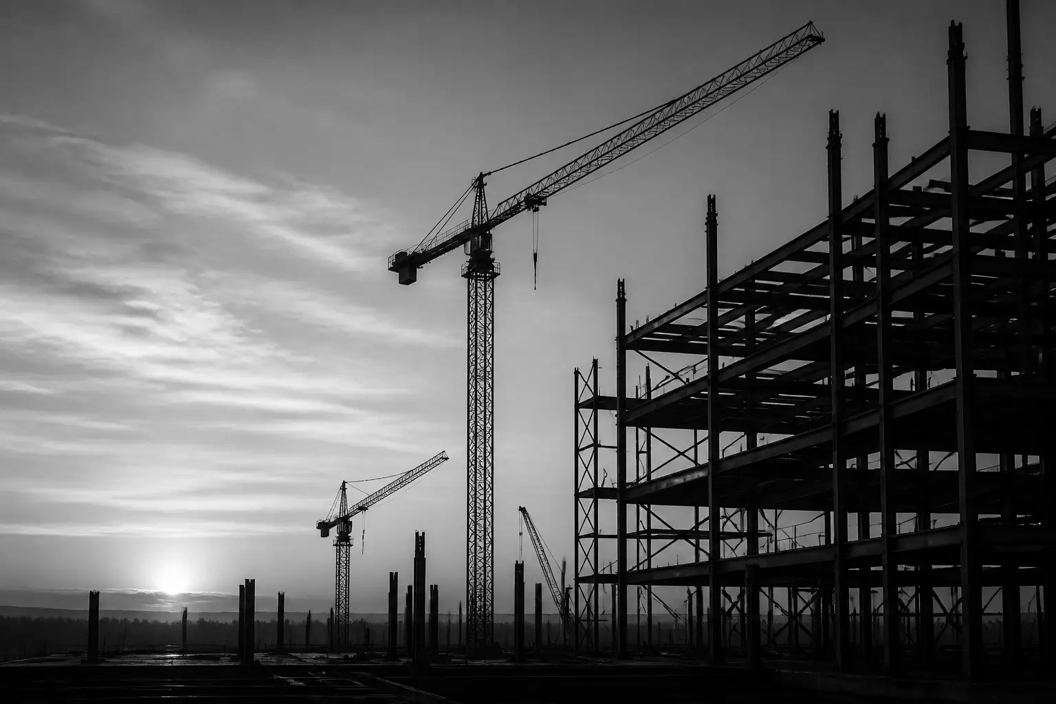 Black and white construction job site with crews and infrastructure